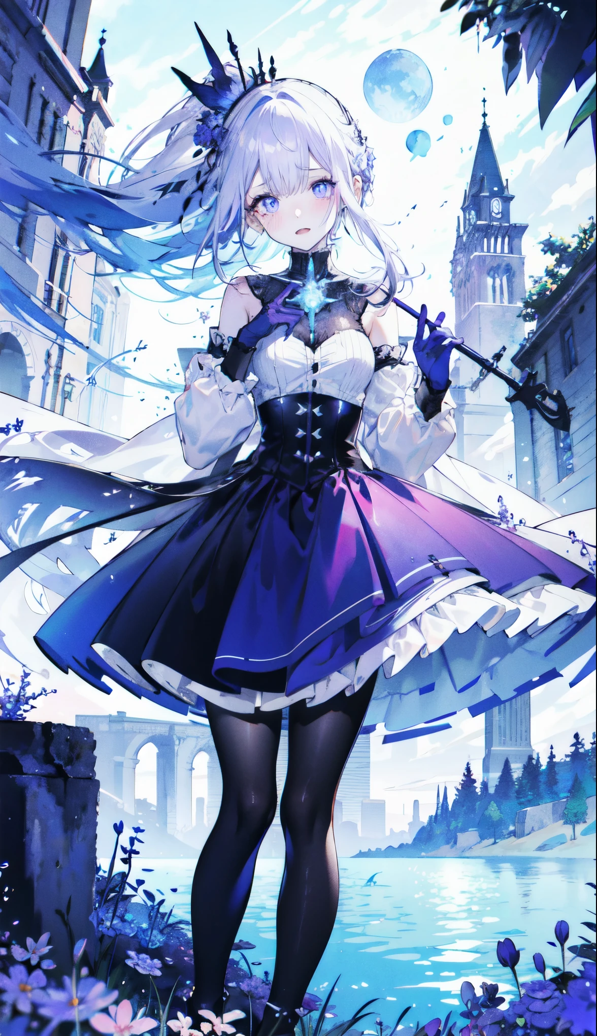 ((masterpiece:1.4,best quality)),(Super detailed),(Extremely detailed eyes),(black leggings,Shiny socks:1.5),Hello Darkness
(Cute girls),,(Blood-red pupils,Diamond-shaped pupil:1.15),Purple Eyeshadow,(elongated hair,Thick hair,Single ponytail,shiny hair:1.5)(Changes through:1.2),White skin,despair,sad,Empty eyes,tears streaming down my face,tilting its head to the side,kneel
(She wears blue armor,A blue dress,:1.5),(blue gloves:1.4)Very long plush sleeves,White,White Cloud,Dream bubbles ,Ice and glitter effects
(Black long skirt:1.1),
(dawn:1.2),
(Intense black and white:1.16),(Depth of Field:1.4),,Intricate details,(Castle in the Sky,Standing by the lake,Purple flowers by the lake)