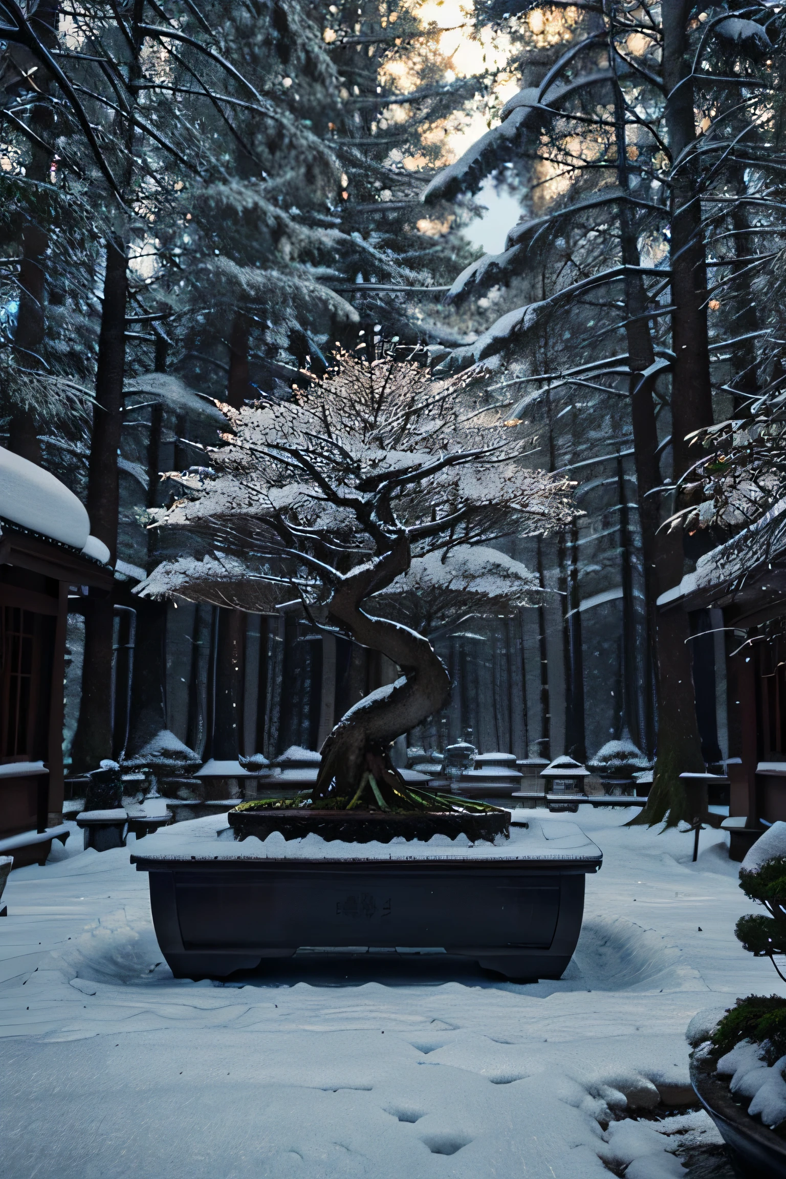Oriental Forest, Snow, Striking Bonsai-Style Trees, Night Cinematic Lighting Environment, Rich in Detail, Large-Scale Environment
