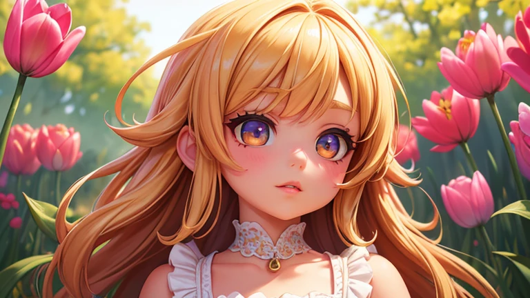 a bright and colorful portrait of a  girl surrounded by tall tulip flowers, (best quality,4k,8k,highres,masterpiece:1.2),ultra-detailed,(realistic,photorealistic,photo-realistic:1.37),beautiful detailed eyes,beautiful detailed lips,extremely detailed eyes and face,longeyelashes,girl in a vibrant flower garden,flowers in full bloom,vivid colors,natural lighting,warm color palette,cinematic lighting,magical realism,intricate details,whimsical,dreamlike,ethereal