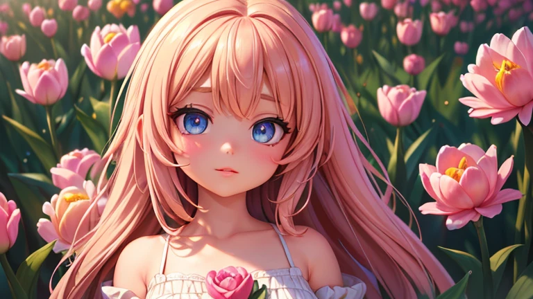 a bright and colorful portrait of a  girl surrounded by tall tulip flowers, (best quality,4k,8k,highres,masterpiece:1.2),ultra-detailed,(realistic,photorealistic,photo-realistic:1.37),beautiful detailed eyes,beautiful detailed lips,extremely detailed eyes and face,longeyelashes,girl in a vibrant flower garden,flowers in full bloom,vivid colors,natural lighting,warm color palette,cinematic lighting,magical realism,intricate details,whimsical,dreamlike,ethereal