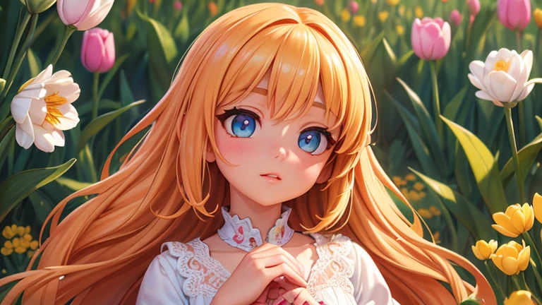 a bright and colorful portrait of a  girl surrounded by tall tulip flowers, (best quality,4k,8k,highres,masterpiece:1.2),ultra-detailed,(realistic,photorealistic,photo-realistic:1.37),beautiful detailed eyes,beautiful detailed lips,extremely detailed eyes and face,longeyelashes,girl in a vibrant flower garden,flowers in full bloom,vivid colors,natural lighting,warm color palette,cinematic lighting,magical realism,intricate details,whimsical,dreamlike,ethereal