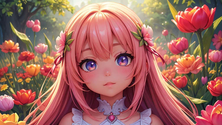 a bright and colorful portrait of a girl surrounded by tall tulip flowers, (best quality,4k,8k,highres,masterpiece:1.2),ultra-detailed,(realistic,photorealistic,photo-realistic:1.37),beautiful detailed eyes,beautiful detailed lips,extremely detailed eyes and face,longeyelashes,girl in a vibrant flower garden,flowers in full bloom,vivid colors,natural lighting,warm color palette,cinematic lighting,magical realism,intricate details,whimsical,dreamlike,ethereal
