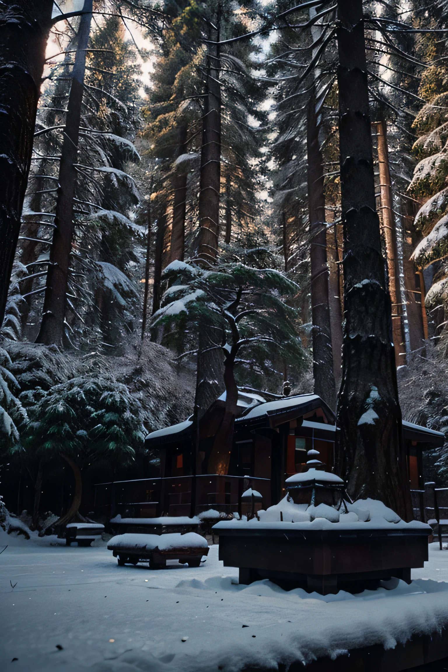 Oriental Forest, Snow, Striking Bonsai-Style Trees, Night Cinematic Lighting Environment, Rich in Detail, Large-Scale Environment