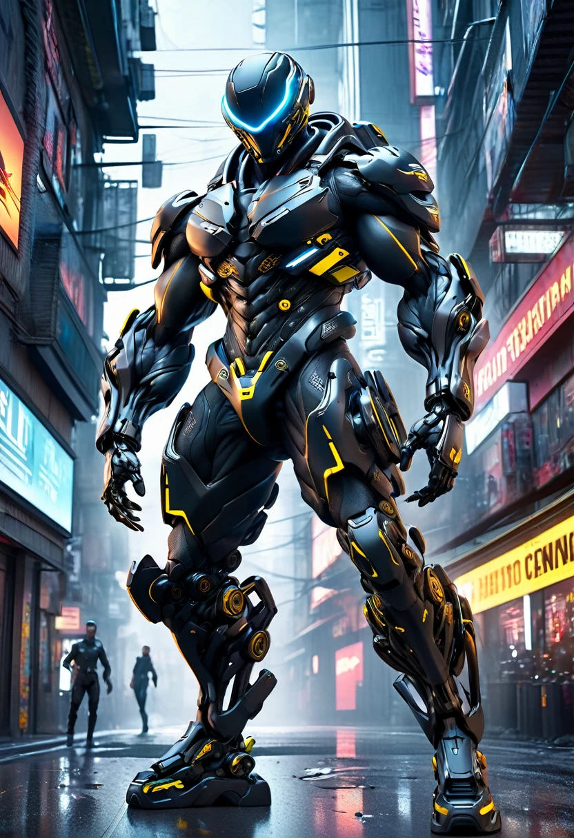 a tight black combat suit, detailed muscle definition, highly reflective, futuristic tactical gear, mechanical limbs, glowing neon accents, dynamic pose, urban cyberpunk setting, dramatic lighting, photorealistic, intricate details, (best quality,4k,8k,highres,masterpiece:1.2),ultra-detailed,(realistic,photorealistic,photo-realistic:1.37)
