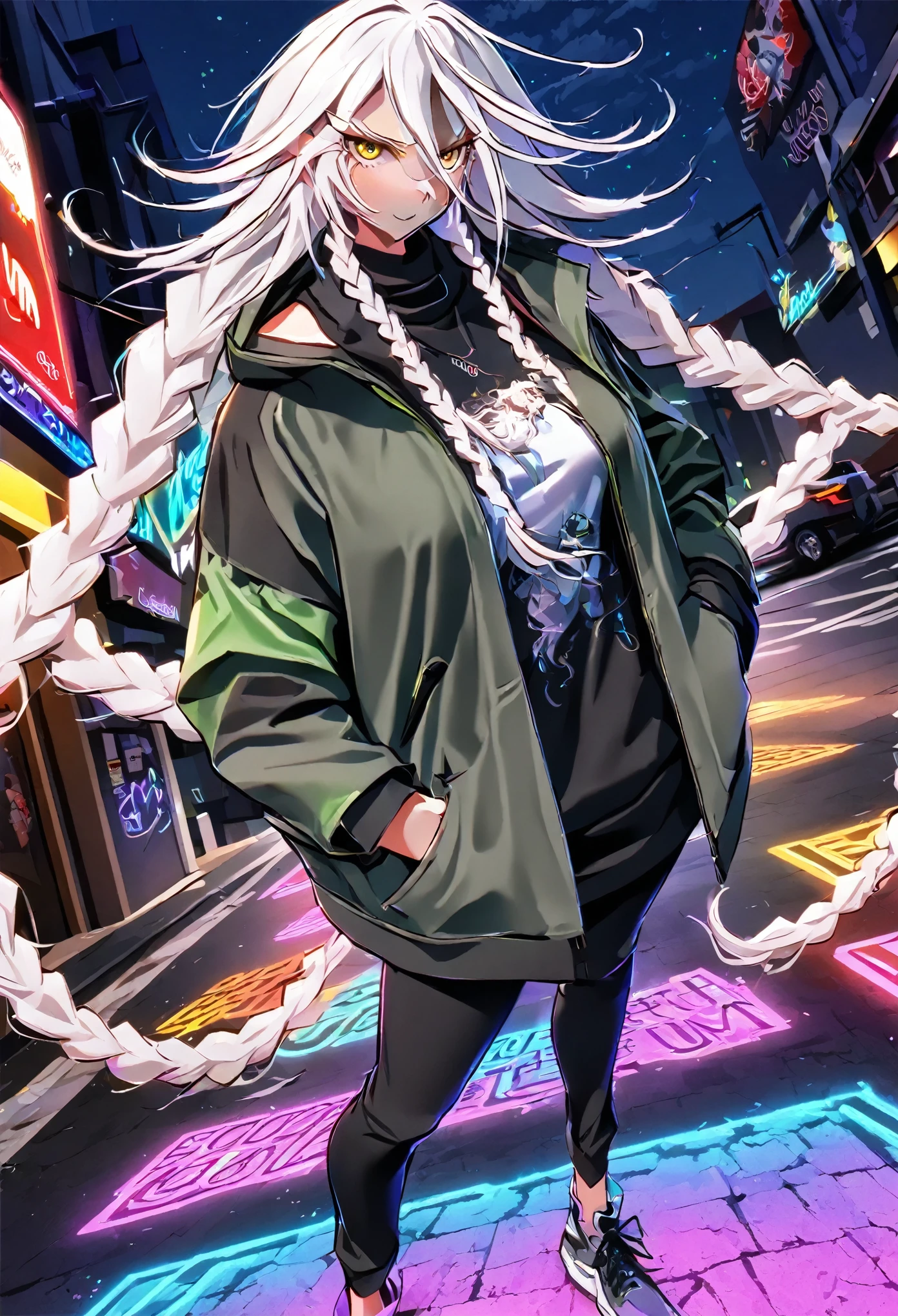 (((Papel de parede 8K，CG extremamente detalhado :1.2, Obra de arte, high resolution:1.2, maximum quality:1.2))),Um menino e uma  de cabelos curtos olhando um para o outro,  (( yinji, cabelo roxo, olhos roxos, cabelo longo, cabelo branco, double braids, cabelo gradiente , hands in pockets:1.8, Moda de rua:1.2, Vestindo um casaco colorido:1.2)), ( fora do ombro), ((becos vazios, noite, neon street)), (greatest angle)
