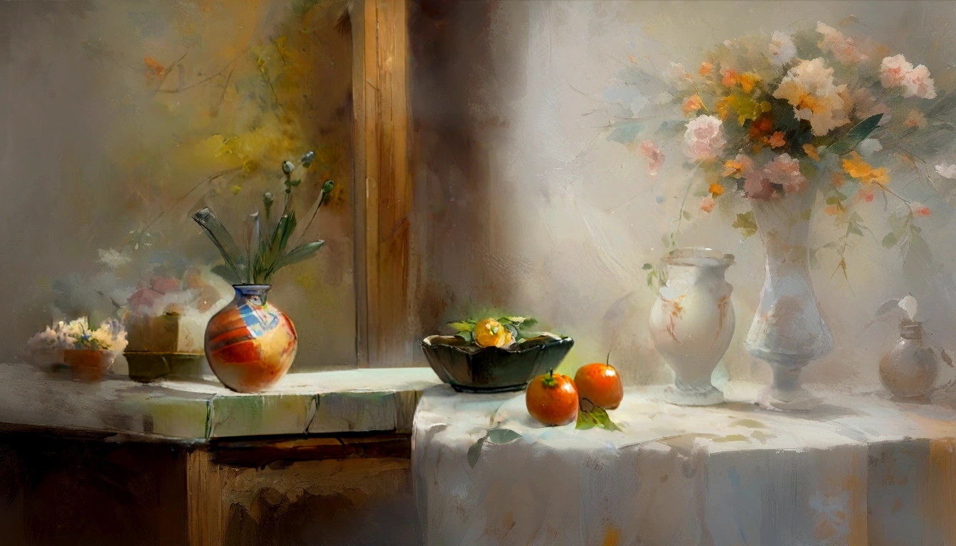 A vase and some fruit