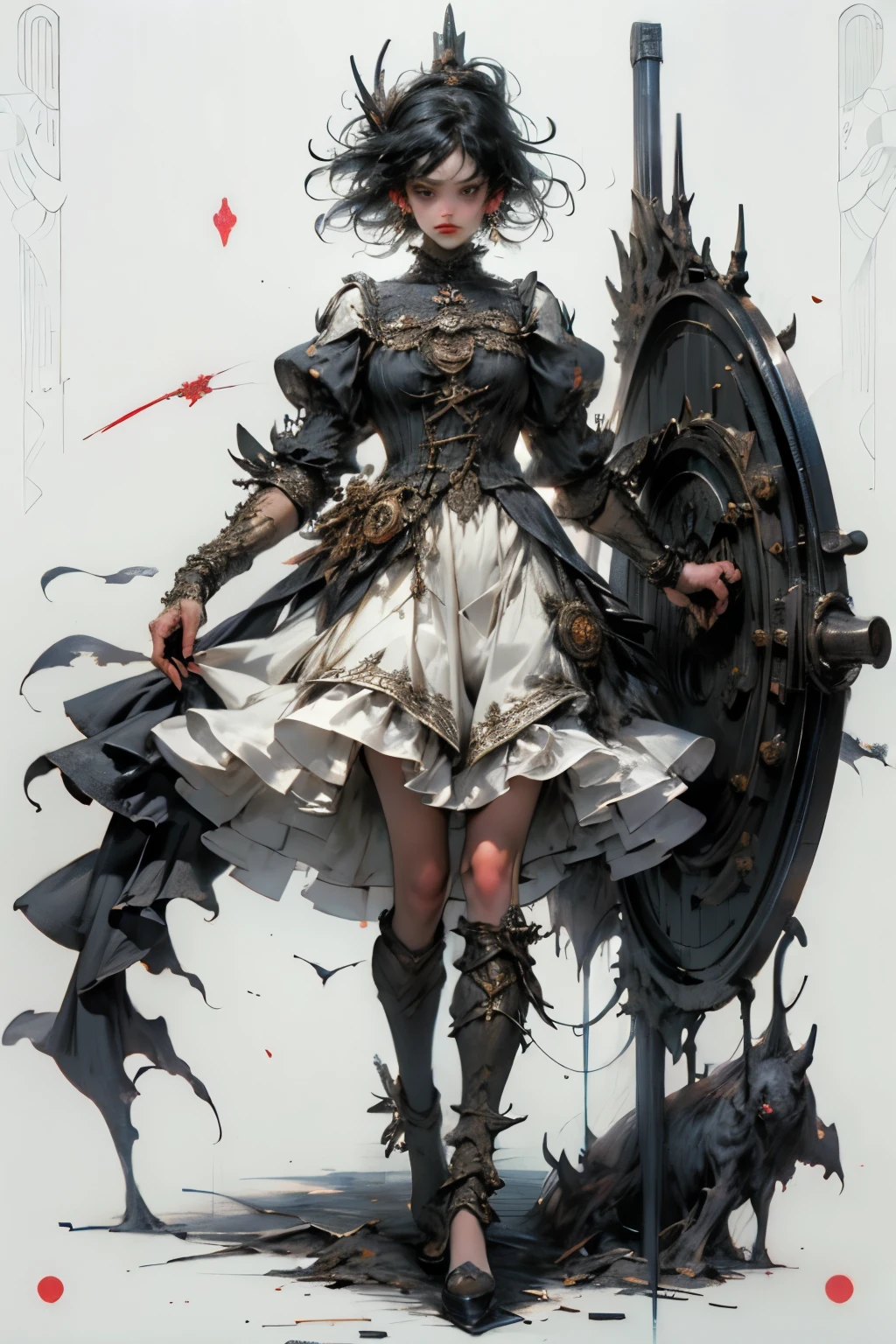 ((best quality)), ((masterpiece)), (detailed), perfect face ((best quality)), ((masterpiece)), (detailed), blank white background, plain background, white background, Bloodborne inspired,  occult aesthetic, occult, detailed and intricate steampunk and detailed gothic, (zentangle, mandala, tangle, entangle),  NSFW, torn clothing, Very dramatic and cinematic lighting, cosmic horror, grim-dark, side-lighting, perfect face, a beautiful goddess adorned and enshrined in armour, Bloodborne inspired , occult aesthetic , occult , detailed and intricate steampunk and detailed gothic , wielding a sword and holding a shield, NSFW, Fluttering lace flared short dress with frilly petticoats, knee length dress, pleated petticoats, lolita dress, petticoats gothic lolita, side-lighting, gothic lolita aesthetic, beautiful small breasts, small breasts, full body, whole body, body, plain background, white background, blank background, no background, white background NSFW, full body, whole body, head-to-toe
