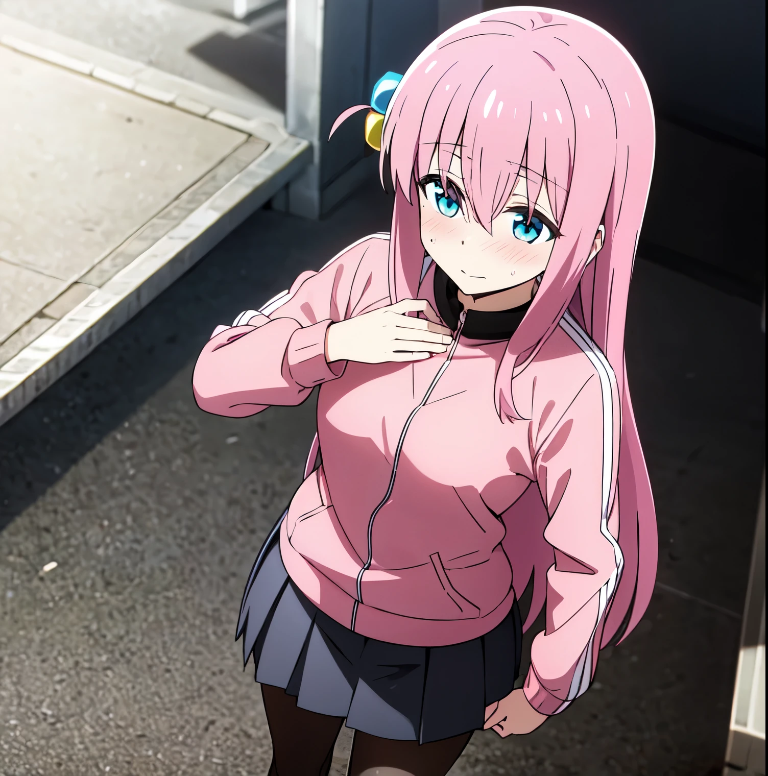 1 girl, alone, Hitori gotou, long hair, pink hair, nervous, embarrassed, sexy body, looking at viewer, head on, focus on breasts, point of view (from above), blushing, blue eyes, big breasts, waist stocking, wide hips, medium thighs, stage, microphone, show, long sleeves, hair between eyes, standing, closed mouth, pink hair, pantyhose, pleated skirt, black skirt, one side up, hand on chest, gray skirt , cube-shaped hair ornament, pink sports jacket perfect anatomy, perfect hands