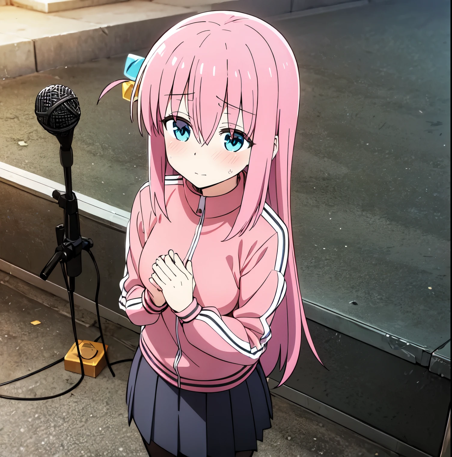 1 girl, alone, Hitori gotou, long hair, pink hair, nervous, embarrassed, sexy body, looking at viewer, head on, focus on breasts, point of view (from above), blushing, blue eyes, big breasts, waist stocking, wide hips, medium thighs, stage, microphone, show, long sleeves, hair between eyes, standing, closed mouth, pink hair, pantyhose, pleated skirt, black skirt, one side up, hand on chest, gray skirt , cube-shaped hair ornament, pink sports jacket perfect anatomy, perfect hands