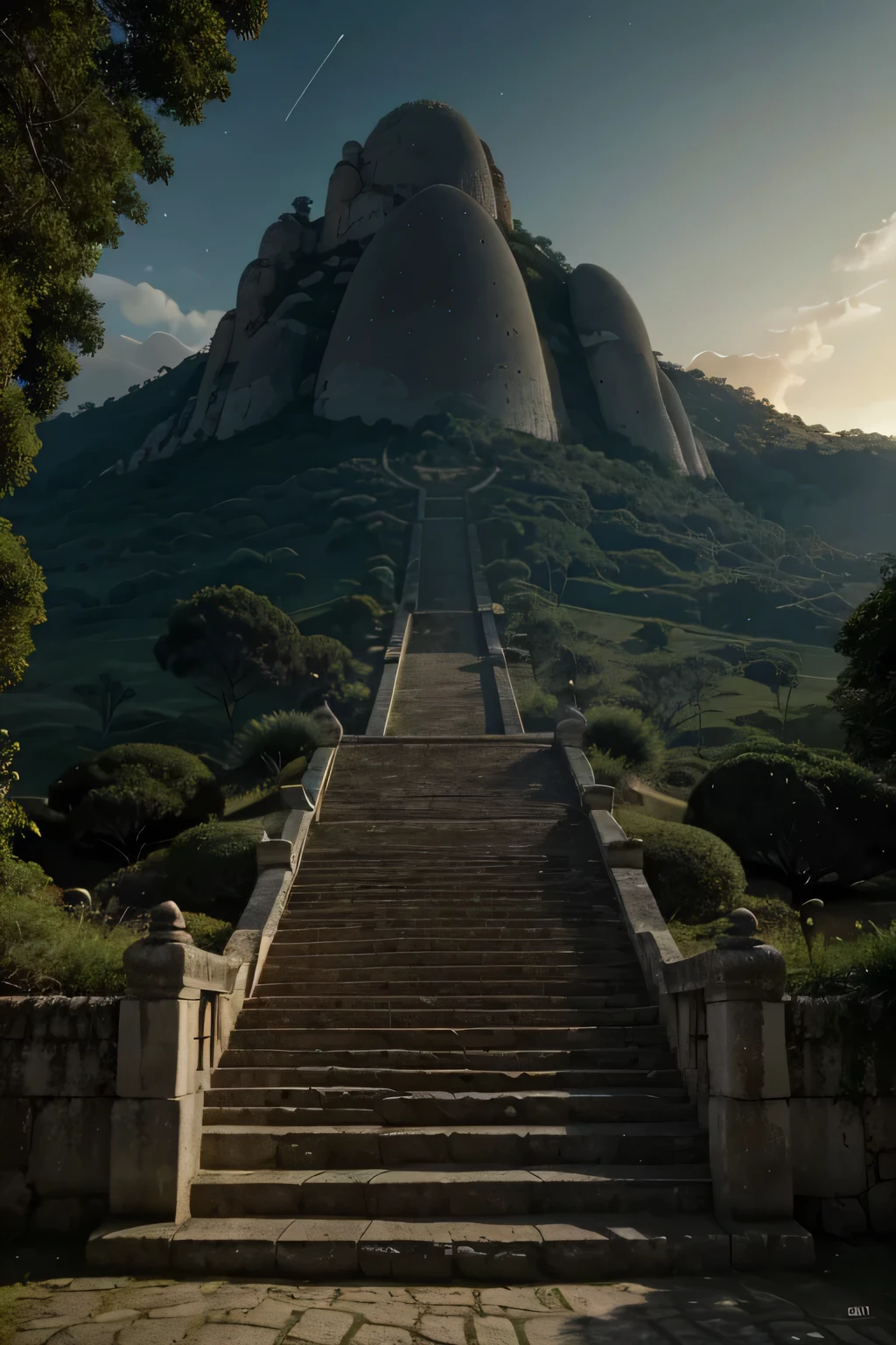 escadaria de uma ponta da tela aoutra, feita por blocos de pedra acizentados, an infinite staircase without walls towards the top with an extremely weak yellowish light, dentro de um castelo escuro, ambiente escuro e em alta qualidade, hd, dark, fantasy, rpg