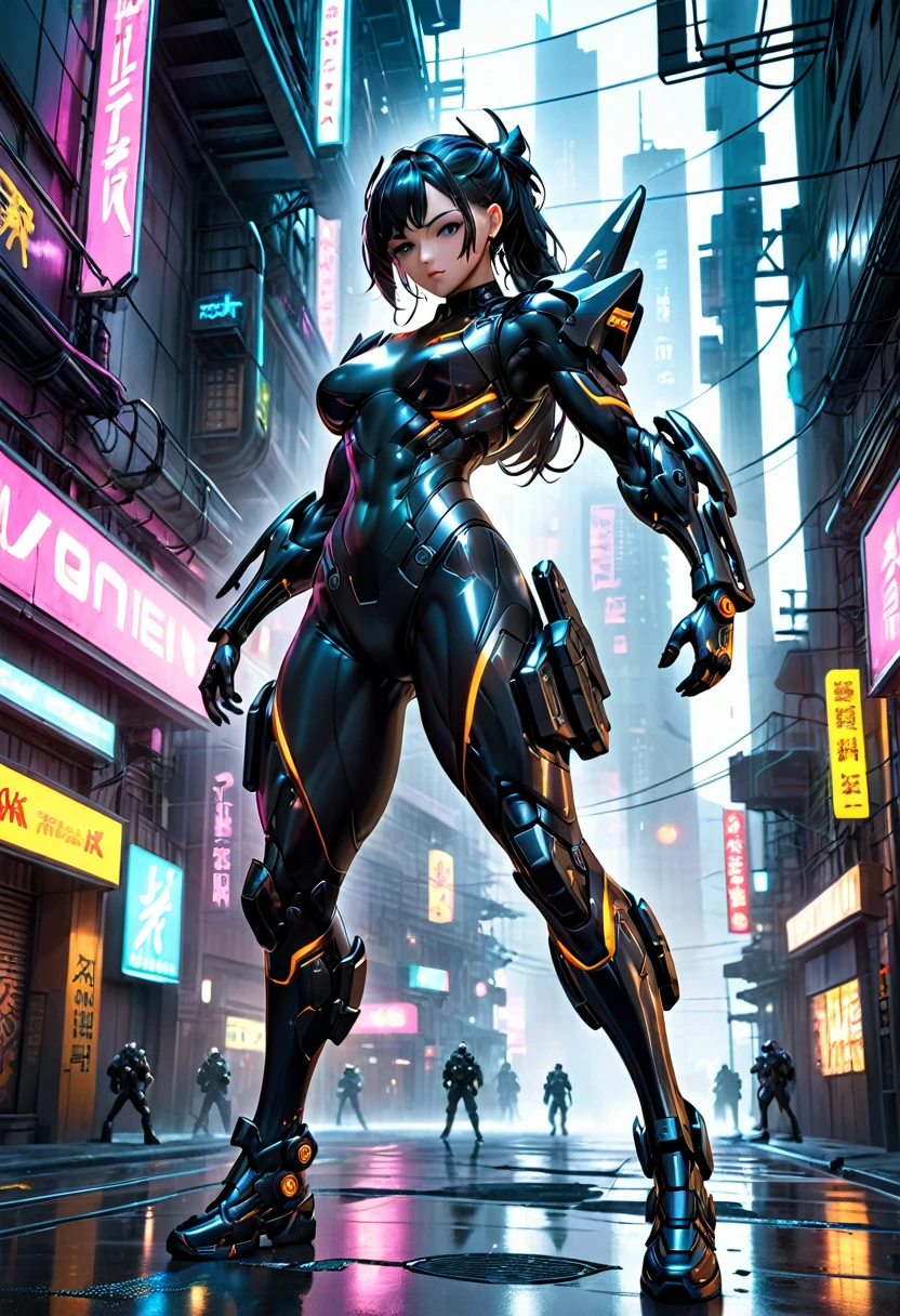 a tight black combat suit, detailed muscle definition, highly reflective, futuristic tactical gear, mechanical limbs, glowing neon accents, dynamic pose, urban cyberpunk setting, dramatic lighting, photorealistic, intricate details, (best quality,4k,8k,highres,masterpiece:1.2),ultra-detailed,(realistic,photorealistic,photo-realistic:1.37)