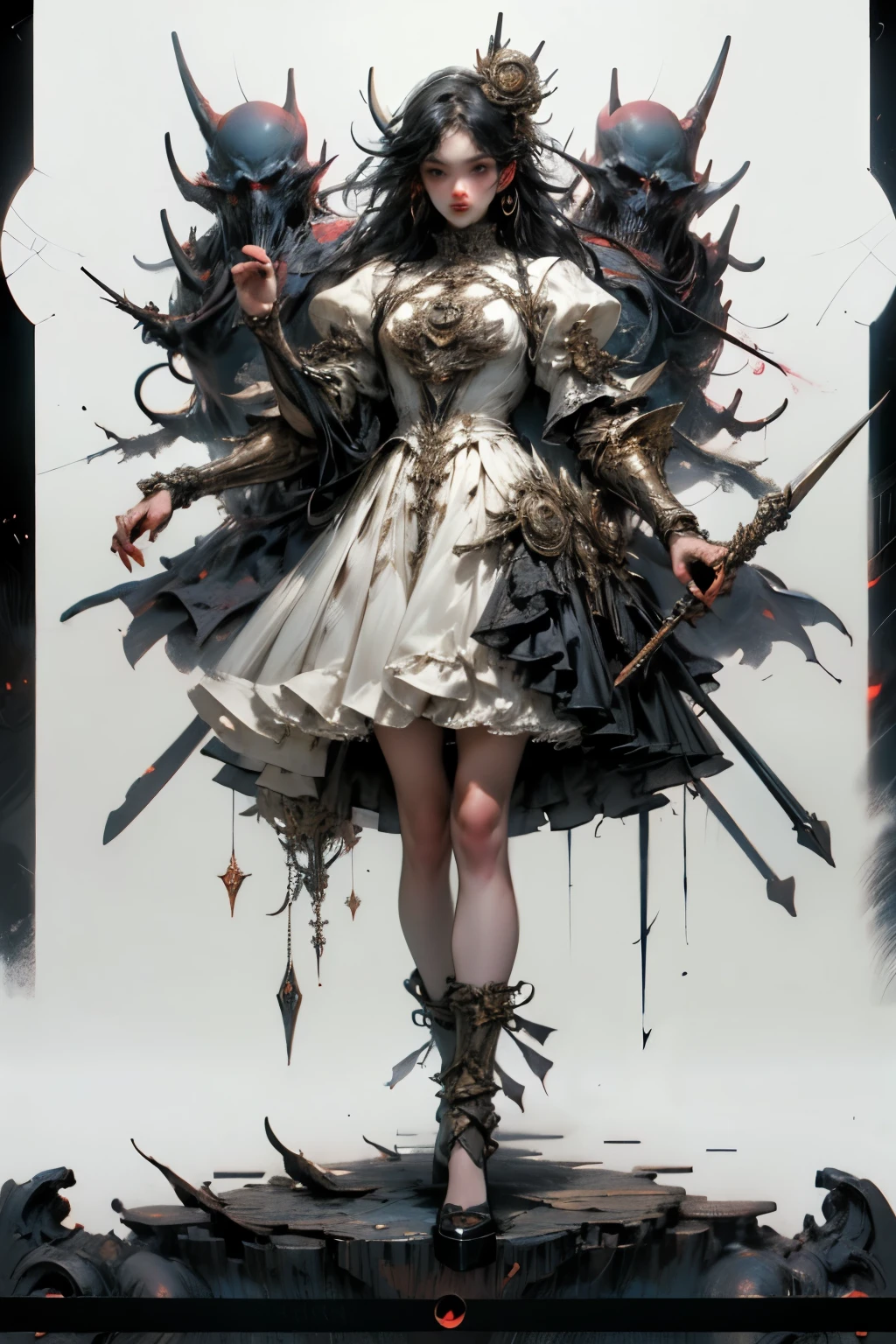 ((best quality)), ((masterpiece)), (detailed), perfect face ((best quality)), ((masterpiece)), (detailed), blank white background, plain background, white background, Bloodborne inspired, occult aesthetic, occult, detailed and intricate steampunk and detailed gothic, (zentangle, mandala, tangle, entangle), NSFW, torn clothing, Very dramatic and cinematic lighting, cosmic horror, grim-dark, side-lighting, perfect face, a beautiful goddess adorned and enshrined in armour, Bloodborne inspired , occult aesthetic , occult , detailed and intricate steampunk and detailed gothic , wielding a sword and holding a shield, NSFW, Fluttering lace flared short dress with frilly petticoats, knee length dress, pleated petticoats, ta dress, petticoats gothic loliside-lighting, gothic lolita aetic, beautiful small breasts, small breasts, full body, whole body, body, plain background, white background, blank background, no background, white background NSFW, full body, whole body, head-to-toe