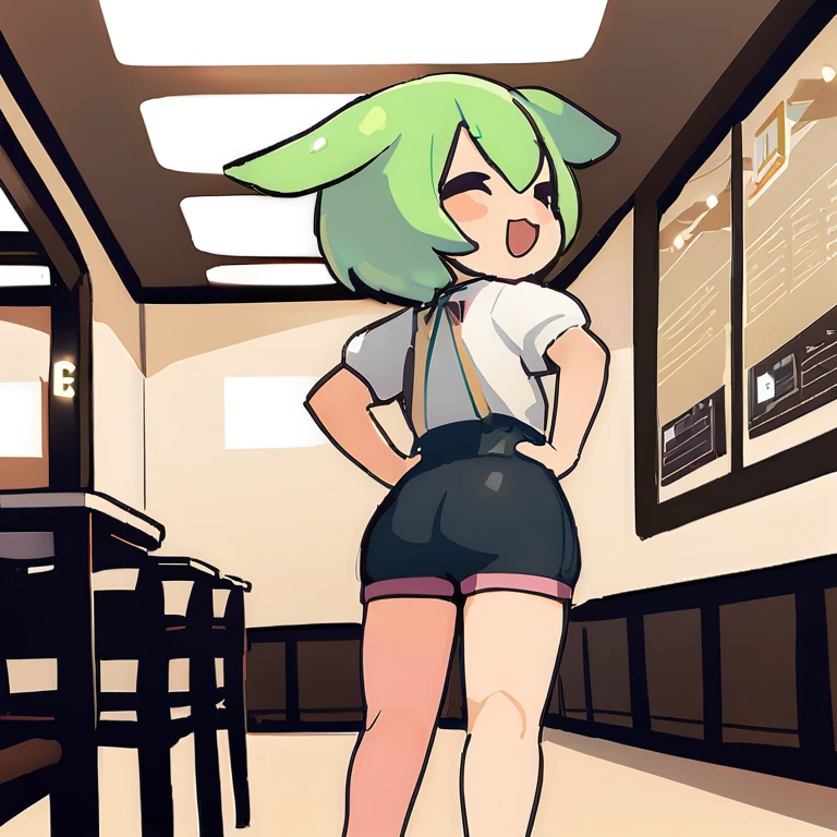 1girl,zundamon,voicevox ,green hair, blush stickers, animal ears,white shirt, short sleeves, long hair, suspender shorts,shorts, puffy sleeves, low ponytail, hair ears,
ceiling, wide shot, looking to the side, disdain, cafe, open mouth,
masterpiece, best quality, long body, voluptuous, side view, full body, big butt, shoes, thin waist, heart shaped butt, sexy body, ass focus, looking back, anime, realistic, smile, collarbone 