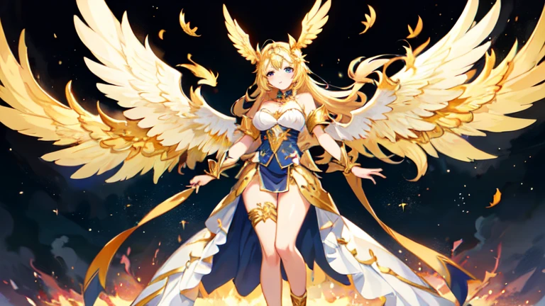 best quality)), ((masterpiece)), (detailed), Perfect body,Full body shot,Close-up of a woman wearing a golden costume with wings, Angel Gold Armor, majestic angel, angel knight girl, Final Fantasy Tactics Characters, mystical atlantean valkyrie, as a Mysterious Valkyrie, Blazing Angel, Maple Leaf Story Character Art, With blazing golden wings, Golden Wings, April renderings, Mysterious Valkyrie, Close-up of a woman wearing a golden costume with wings, Concept art inspired by PwC, pixiv, Baroque, Angel Gold Armor, majestic angel, angel knight girl, Final Fantasy Tactics Characters, mystical atlantean valkyrie, as a Mysterious Valkyrie, Blazing Angel, Maple Leaf Story Character Art, With blazing golden wings, Golden Wings, Battle with orcs,Photographic lenses,Ultra wide-angle lens,First person,