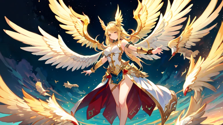 best quality)), ((masterpiece)), (detailed), Perfect body,Full body shot,Close-up of a woman wearing a golden costume with wings, Angel Gold Armor, majestic angel, angel knight girl, Final Fantasy Tactics Characters, mystical atlantean valkyrie, as a Mysterious Valkyrie, Blazing Angel, Maple Leaf Story Character Art, With blazing golden wings, Golden Wings, April renderings, Mysterious Valkyrie, Close-up of a woman wearing a golden costume with wings, Concept art inspired by PwC, pixiv, Baroque, Angel Gold Armor, majestic angel, angel knight girl, Final Fantasy Tactics Characters, mystical atlantean valkyrie, as a Mysterious Valkyrie, Blazing Angel, Maple Leaf Story Character Art, With blazing golden wings, Golden Wings, Battle with orcs,Photographic lenses,Ultra wide-angle lens,First person,