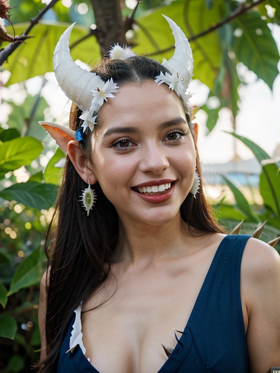 Garota loira, sorrindo, sharp long translucent white teeth showing, red tongue sticking out of the mouth, dark blue horns on head, escamas azuis claro cobrindo o corpo, large translucent ears with small spines, thorns on the back of the neck