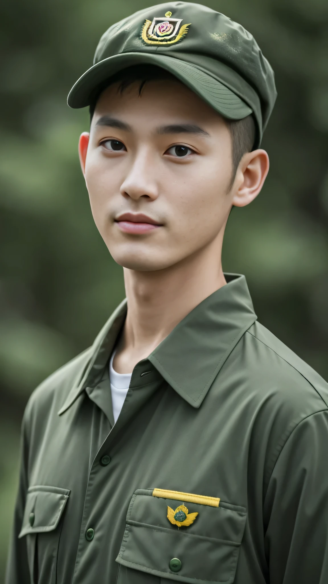 8k, (masterpiece), best quality, 2d, Brother Bing,Wear training uniform,Wearing a hat,Wearing a full set of military green camouflage uniforms, No background, Upper body unobstructed photos,Green Clothing,Southeast Asian Soldiers,Face to the camera,Holding flowers,Buzz cut