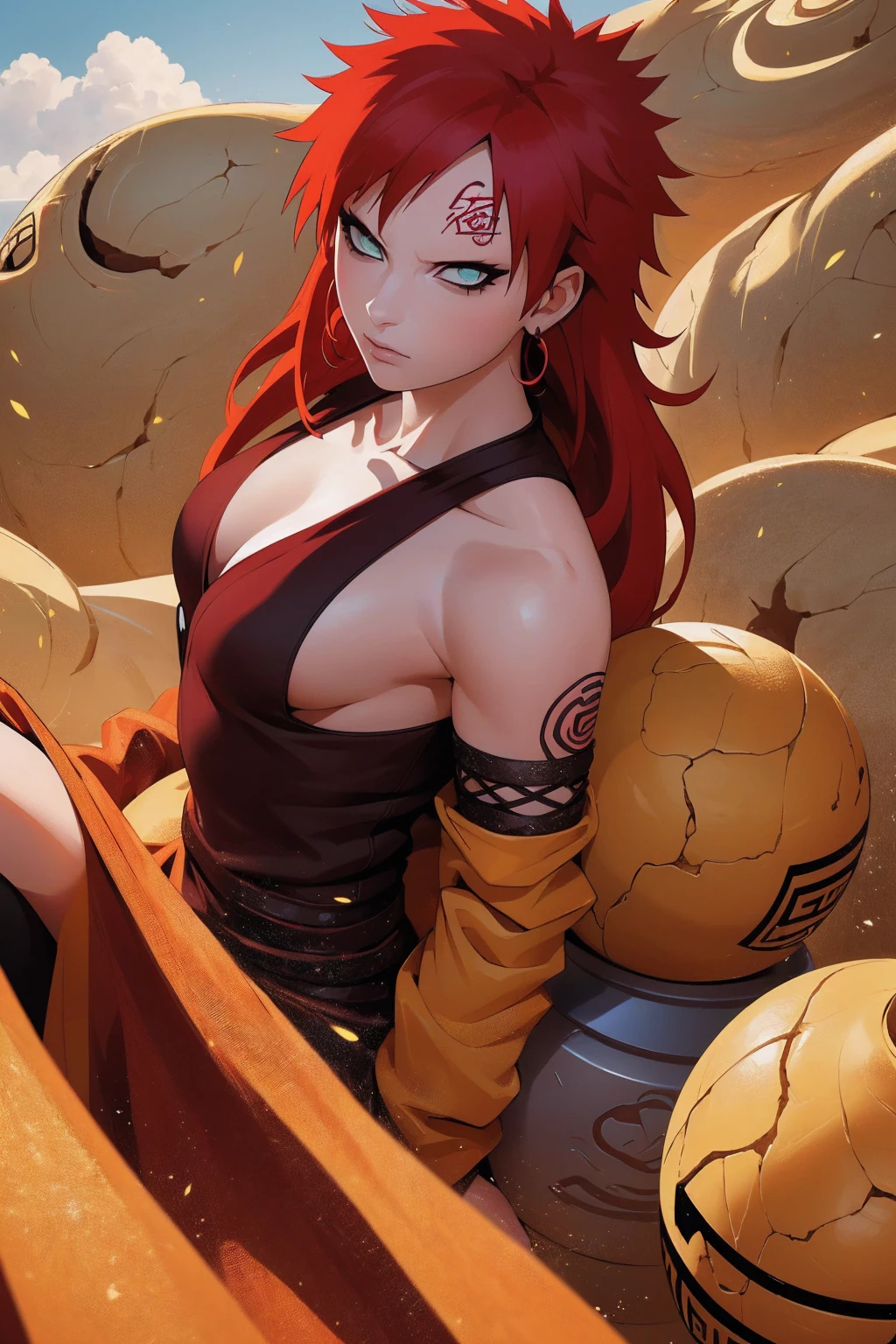 (Absurd, high quality, ultra -compared, careful with the hand) 1 woman, large breats, long red hair, gaara daughter ( Gaara/Naruto), Subaku no Gaara, sand gourd on the back,