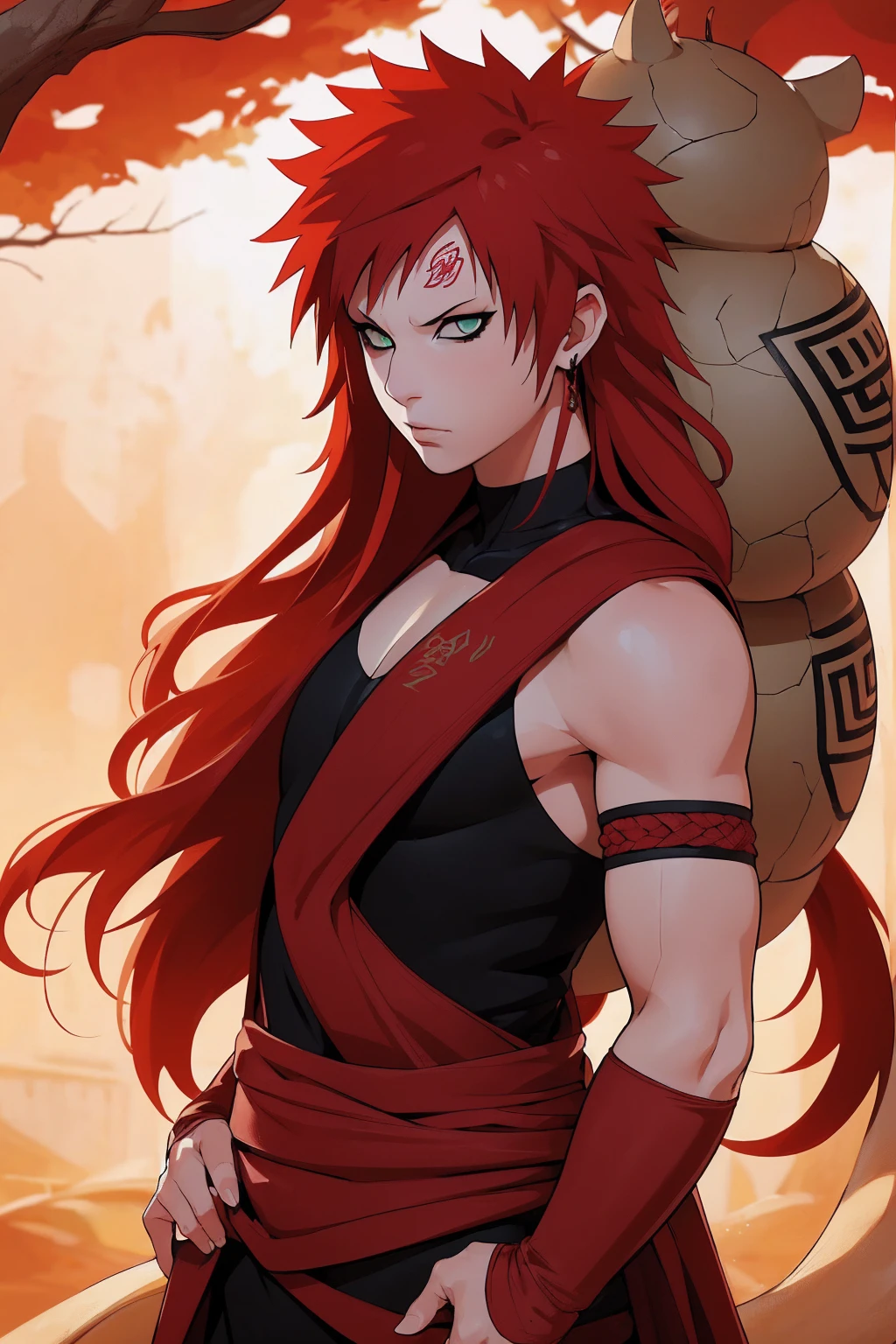 (Absurd, high quality, ultra -compared, careful with the hand) 1 woman, large breats, long red hair, gaara daughter ( Gaara/Naruto), Subaku no Gaara, sand gourd on the back,