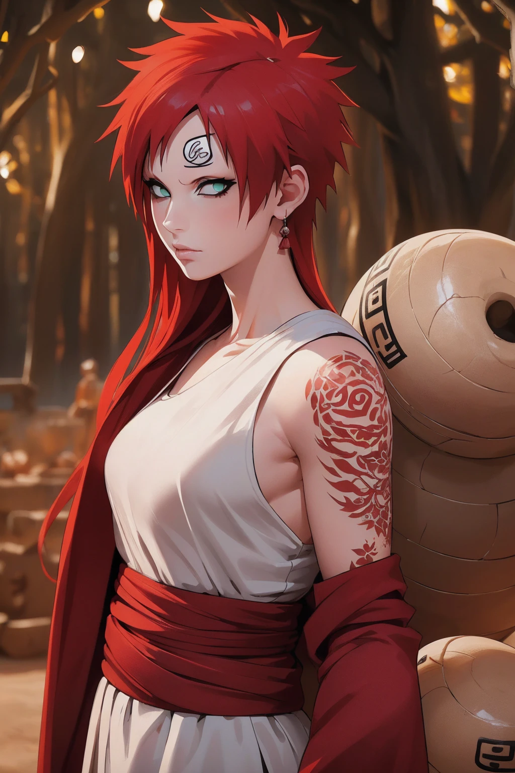 (Absurd, high quality, ultra -compared, careful with the hand) 1 woman, large breats, long red hair, gaara daughter ( Gaara/Naruto), Subaku no Gaara, sand gourd on the back,