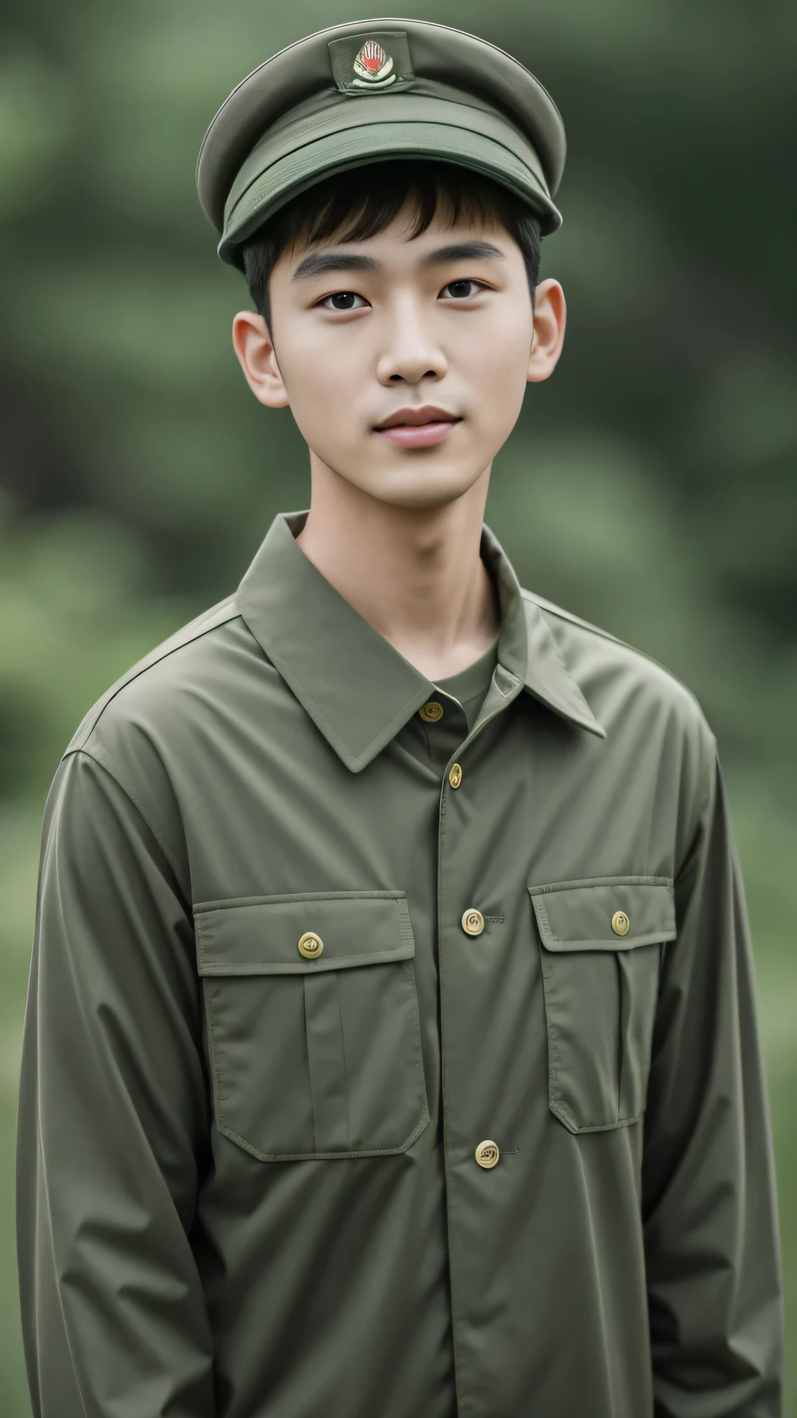 8k, (masterpiece), best quality, 2d, Brother Bing,Wear training uniform,Wearing a hat,Wearing a full set of military green camouflage uniforms, No background, Upper body unobstructed photos,Green Clothing,Southeast Asian Soldiers,Face to the camera,Holding flowers,Buzz cut