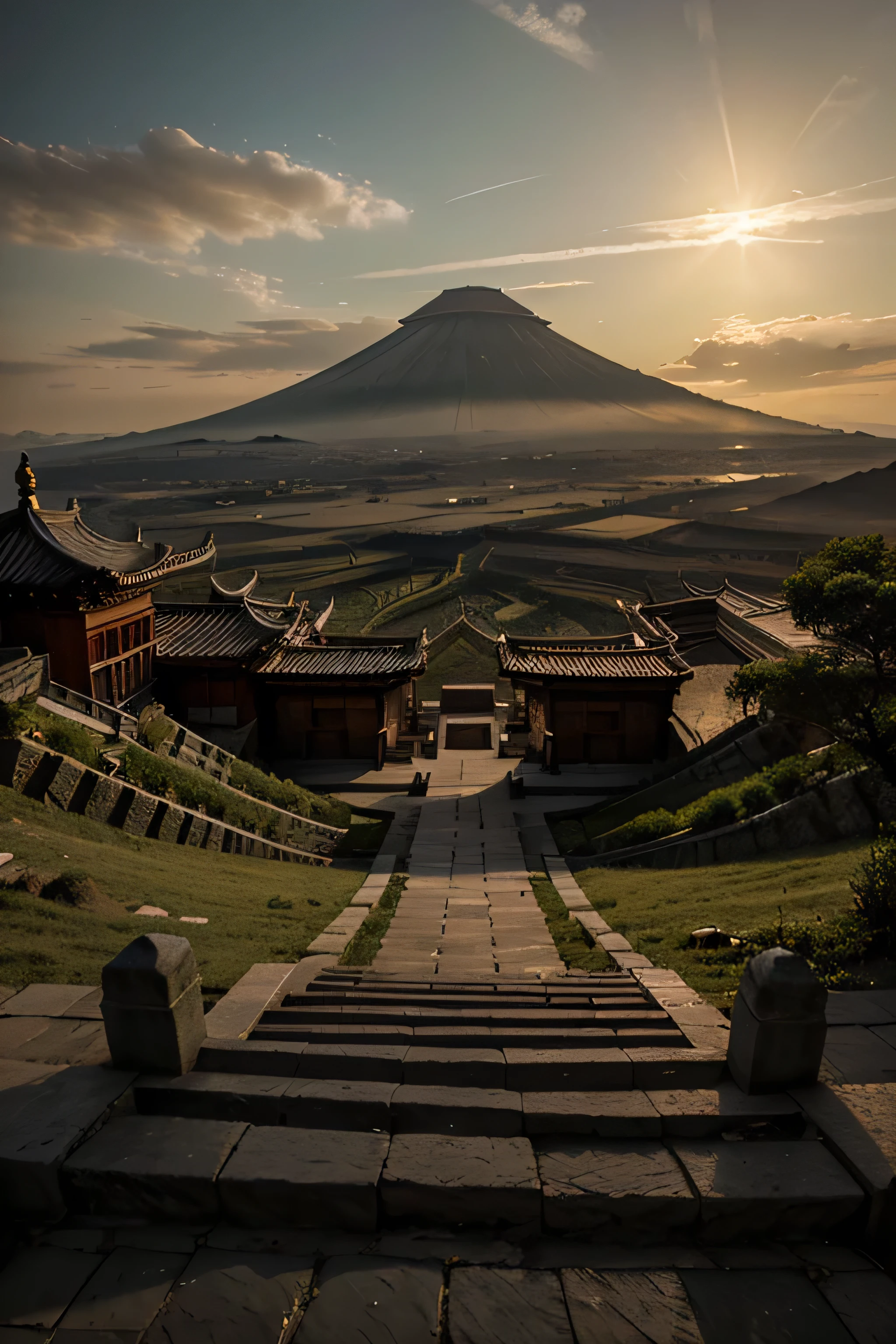 View from the top of a hill with carved stone floor, as if at the exit of an environment, in the background Shaolin style monasteries, large volcano on the mountain to the ambient horizon with cinnatographic lighting, rich in details, large-scale environment