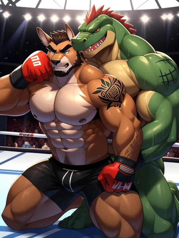 Two male fighters(Brown Kangaroo vs Green Gator, handsomes, perfect eyes, Thick eyebrows), gay(kneeling, holding from behind, on a MMA match), hot(Both are Shirtless, full body, bulges), handsomes(They are handsomes, correct anatomy), musculosos(Big muscle bodies, Six packs, muscle abs, big pecs, muscle backs), sweaty(very sweaty wet bodies, shiny sweat), tatuajes(they have tattoos), Angry(They have an angry expression),MMA gloves(They both are wearing red MMA gloves), MMA boxers(both are wearing Black boxers), Hight resolution