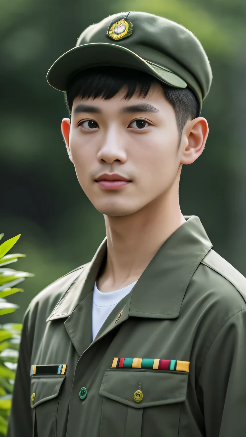 8k, (masterpiece), best quality, 2d, Brother Bing,Wear training uniform,Wearing a hat,Wearing a full set of military green camouflage uniforms, No background, Upper body unobstructed photos,Green Clothing,Southeast Asian Soldiers,Face to the camera,Holding flowers,Buzz cut