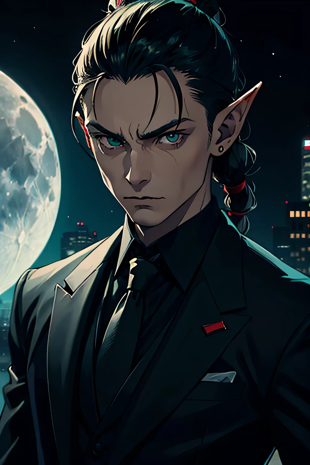 1man solo, vampire, brown manbun, green eyes, elf ears, all black suit and tie, evil face
Background: snowy, he’s on the edge of a skyscraper looking at the moon, cloudy skies, full moon, upper body shot, dynamic lighting 