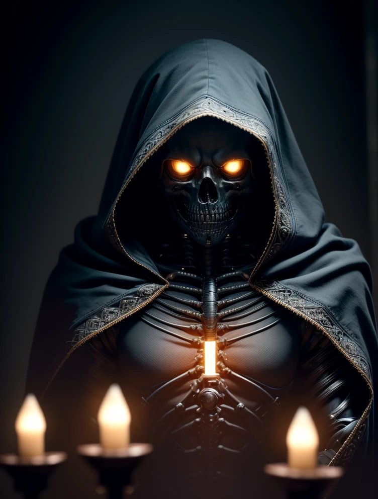 (best quality, 8K, ultrarealistic, high resolution, intricate details:1.4), (analog, soft lighting, HDR, depth of field:1.4), skeleton grim reaper claiming souls, horror, black cloak with raised gold symbols,