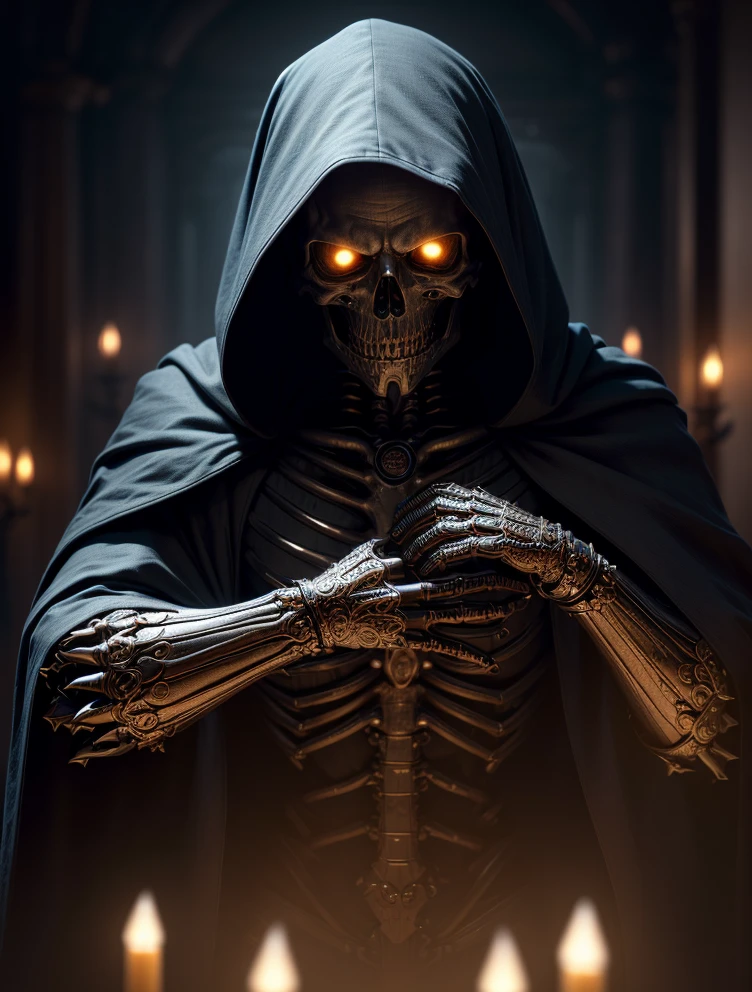 (best quality, 8K, ultrarealistic, high resolution, intricate details:1.4), (analog, soft lighting, HDR, depth of field:1.4), skeleton grim reaper claiming souls, horror, black cloak with raised gold symbols,
