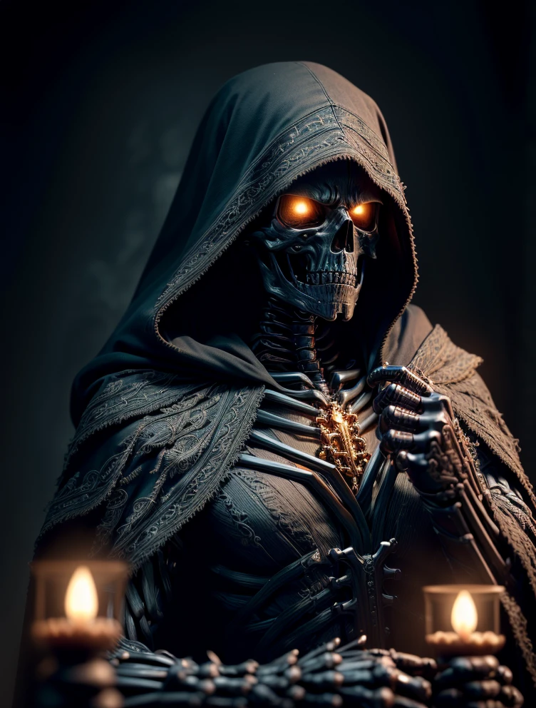 (best quality, 8K, ultrarealistic, high resolution, intricate details:1.4), (analog, soft lighting, HDR, depth of field:1.4), skeleton grim reaper claiming souls, horror, black cloak with raised gold symbols,