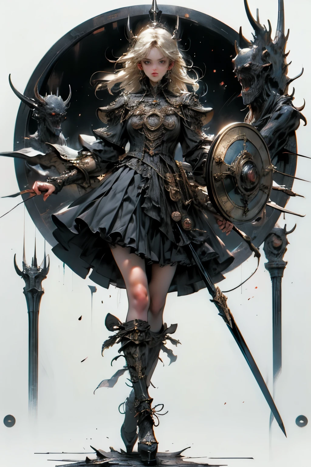 ((best quality)), ((masterpiece)), (detailed), perfect face ((best quality)), ((masterpiece)), (detailed), blank white background, plain background, white background, Bloodborne inspired, occult aesthetic, occult, detailed and intricate steampunk and detailed gothic, (zentangle, mandala, tangle, entangle), NSFW, torn clothing, Very dramatic and cinematic lighting, cosmic horror, grim-dark, side-lighting, perfect face, a beautiful goddess adorned and enshrined in armour, Bloodborne inspired , occult aesthetic , occult , detailed and intricate steampunk and detailed gothic , wielding a sword and holding a shield, NSFW, Fluttering lace flared short dress with frilly petticoats, knee length dress, pleated petticoats, ta dress, petticoats gothic loliside-lighting, gothic lolita aetic, beautiful small breasts, small breasts, full body, whole body, body, plain background, white background, blank background, no background, white background NSFW, full body, whole body, head-to-toe