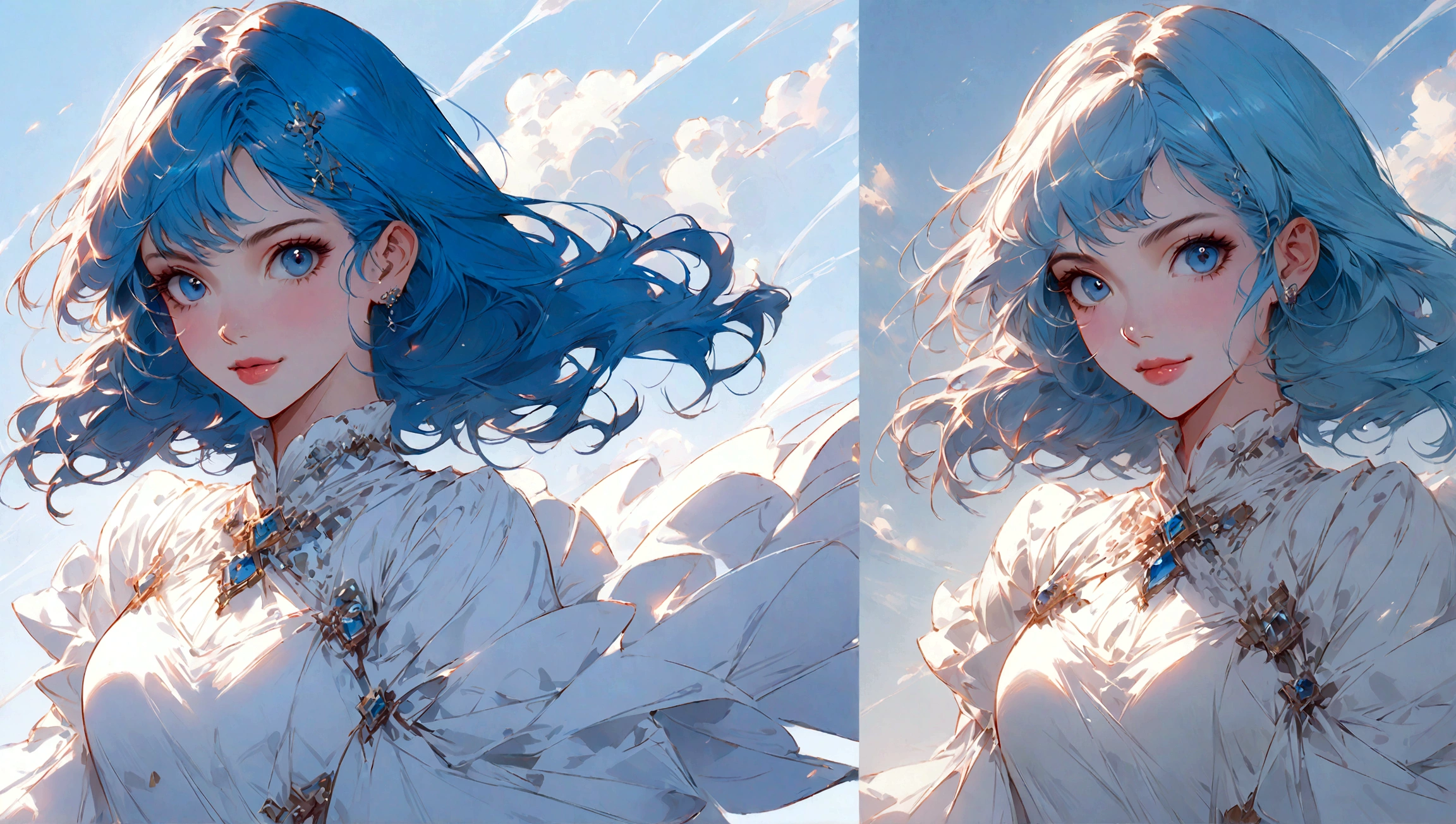 Anime girl with blue hair and white dress posing for the camera., arte de anime digital detallado, guweiz en artstation pixiv, guweiz en pixiv artstation, tendencia en artstation pixiv, estilo anime 4k, arte de anime detallado, Arte detallado de alta calidad 8k, arte de anime detalladowork, clean arte de anime detallado, en vestido