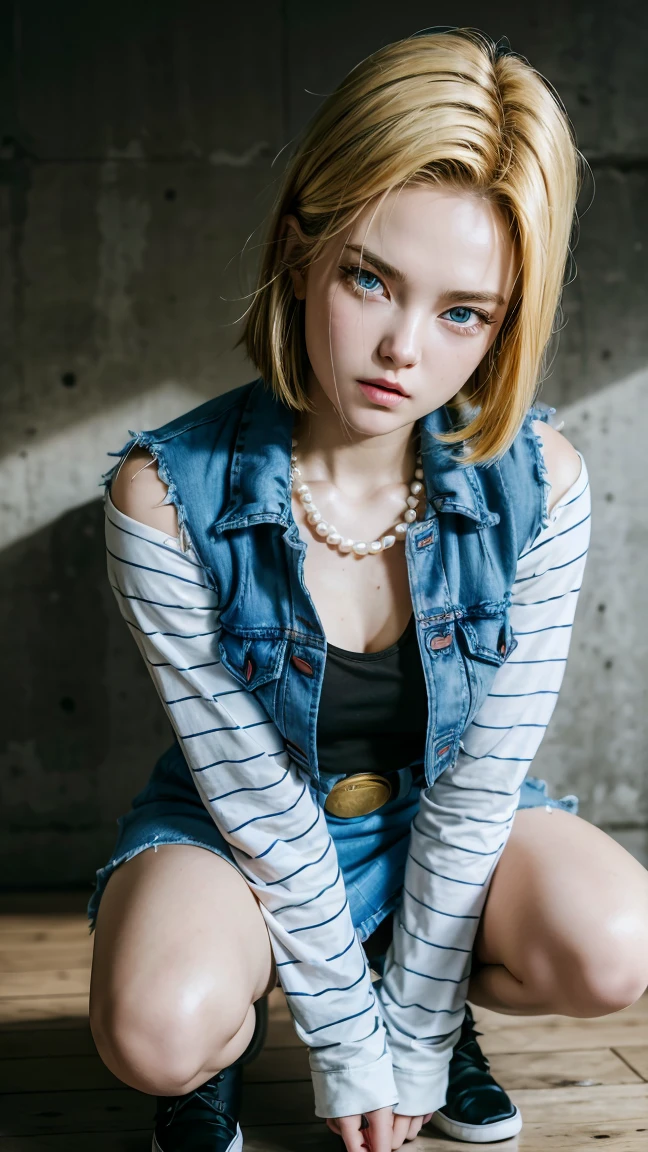 Highly detailed and ultra-realistic 8K rendering of Android 18 from Dragon Ball. Medium shot photo, short blue denim jacket: 1.3, long sleeves with white stripes: 1.3, black eyeshadow, blue eyes: 1.3, short blonde hair, (asymmetrical parting: 1.1), looking at the viewer, long earrings, jean skirt, black pantyhose, fighting stance, simple background, best quality, masterpiece, ultra-high resolution, realistic, RAW photo,Girl、young、The cleavage is visible、The neck of the black T-shirt is torn.、The belt buckle is oval and gold、She is wearing a short pearl necklace、手や指はGirlのように柔らかい印象、Wearing a blue skirt and showing off her panties、snow-white pants、Sitting Woman, Android 18, サイヤ人Girl, A girl is squatting, Female protagonist 👀 :8, high qualityのカラースケッチ, high quality, Sitting with legs wide apart and knees bent、Her white underwear is clearly visible、Embarrassed expression、Her cheeks are red from embarrassment、Crying face、Brown mid-length boots