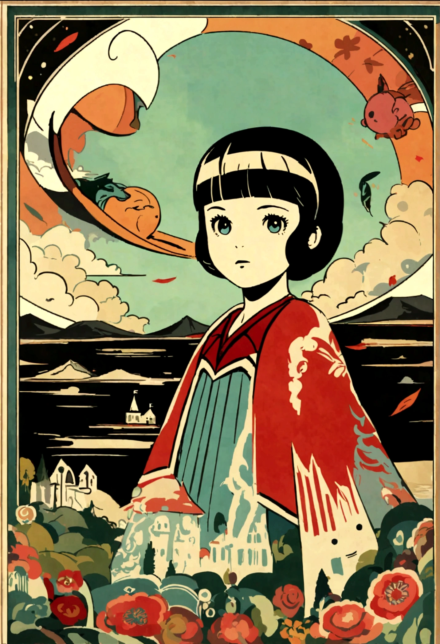 Uma imagem de um urso preto de um jogo CG, in the style of mid-century illustration, symbolic figurative landscapes, vermelho claro e prata, design de poster vintage,