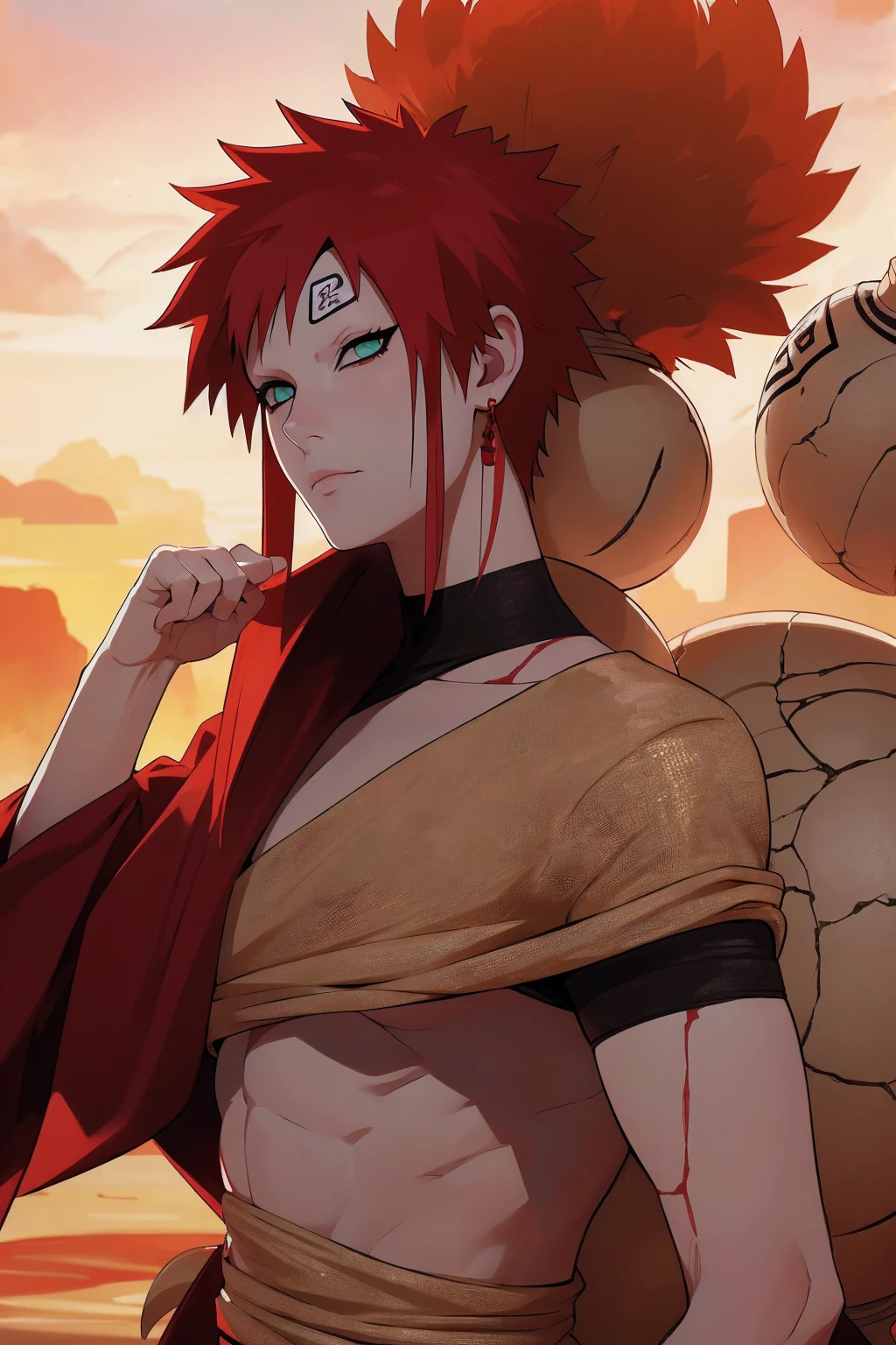 (Absurd, high quality, ultra -compared, careful with the hand) 1 woman, large breats, long red hair, gaara daughter ( Gaara/Naruto), Subaku no Gaara, sand gourd on the back,