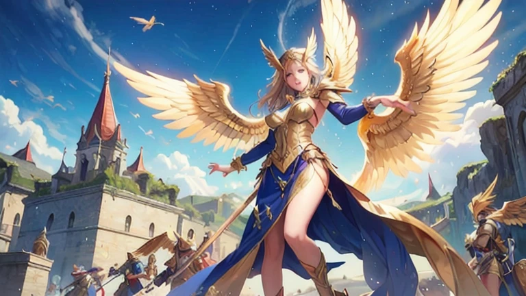 best quality)), ((masterpiece)), (detailed), Perfect body，Full body shot，Close-up of a woman wearing a golden costume with wings, Angel Gold Armor, majestic angel, angel knight girl, Final Fantasy Tactics Characters, mystical atlantean valkyrie, as a Mysterious Valkyrie, Blazing Angel, Maple Leaf Story Character Art, With blazing golden wings, Golden Wings, April renderings, Mysterious Valkyrie, Close-up of a woman wearing a golden costume with wings, Concept art inspired by PwC, pixiv, Baroque, Angel Gold Armor, majestic angel, angel knight girl, Final Fantasy Tactics Characters, mystical atlantean valkyrie, as a Mysterious Valkyrie, Blazing Angel, Maple Leaf Story Character Art, With blazing golden wings, Golden Wings, Battle with orcs，Photographic lenses，Ultra wide-angle lens，First person，