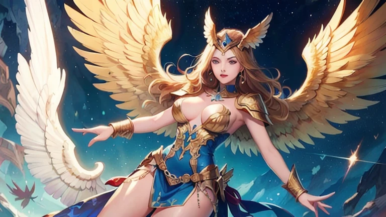 best quality)), ((masterpiece)), (detailed), Perfect body,Full body shot,Close-up of a woman wearing a golden costume with wings, Angel Gold Armor, majestic angel, angel knight girl, Final Fantasy Tactics Characters, mystical atlantean valkyrie, as a Mysterious Valkyrie, Blazing Angel, Maple Leaf Story Character Art, With blazing golden wings, Golden Wings, April renderings, Mysterious Valkyrie, Close-up of a woman wearing a golden costume with wings, Concept art inspired by PwC, pixiv, Baroque, Angel Gold Armor, majestic angel, angel knight girl, Final Fantasy Tactics Characters, mystical atlantean valkyrie, as a Mysterious Valkyrie, Blazing Angel, Maple Leaf Story Character Art, With blazing golden wings, Golden Wings, Battle with orcs,Photographic lenses,Ultra wide-angle lens,First person,