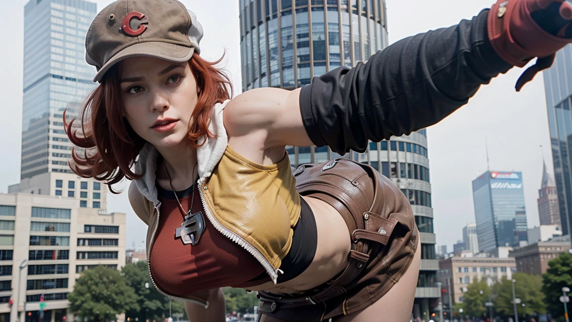 Towering red-haired powergirl, superheroine outfit, newsboy cap, midriff, toned arms, smug, abs, fingerless gloves, skirt, , boots, stomping the viewer ,GTS, Looming, Giantess,UGShiki, stomp