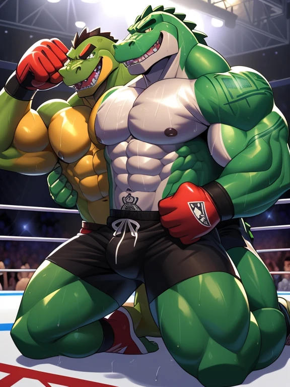 Two male fighters(Strong Green Gator vs Green Gator, handsomes, perfect eyes, Thick eyebrows), gay(kneeling, holding from behind, on a MMA match), hot(Both are Shirtless, full body, bulges), handsomes(They are handsomes, correct anatomy), musculosos(Big muscle bodies, Six packs, muscle abs, big pecs, muscle backs), sweaty(very sweaty wet bodies, shiny sweat), tatuajes(they have tattoos), Angry(They have an angry expression),MMA gloves(They both are wearing red MMA gloves), MMA boxers(both are wearing Black boxers), Hight resolution
