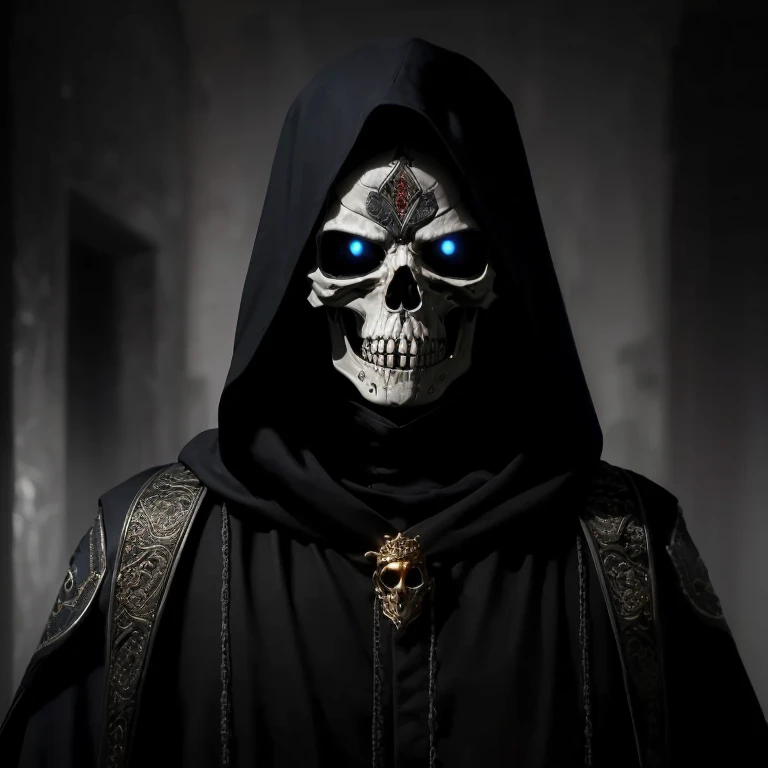 (best quality, 8K, ultrarealistic, high resolution, intricate details:1.4), (analog, soft lighting, HDR, depth of field:1.4), skeleton grim reaper claiming souls, horror, black cloak with raised gold symbols, 