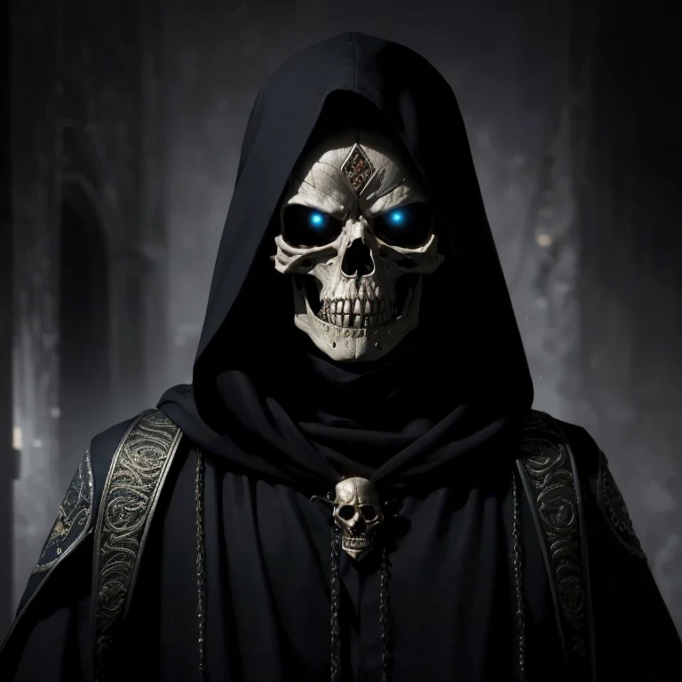 (best quality, 8K, ultrarealistic, high resolution, intricate details:1.4), (analog, soft lighting, HDR, depth of field:1.4), skeleton grim reaper claiming souls, horror, black cloak with raised gold symbols,