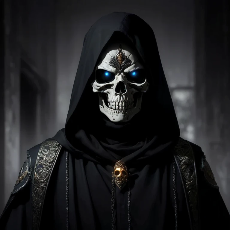 (best quality, 8K, ultrarealistic, high resolution, intricate details:1.4), (analog, soft lighting, HDR, depth of field:1.4), skeleton grim reaper claiming souls, horror, black cloak with raised gold symbols, 
