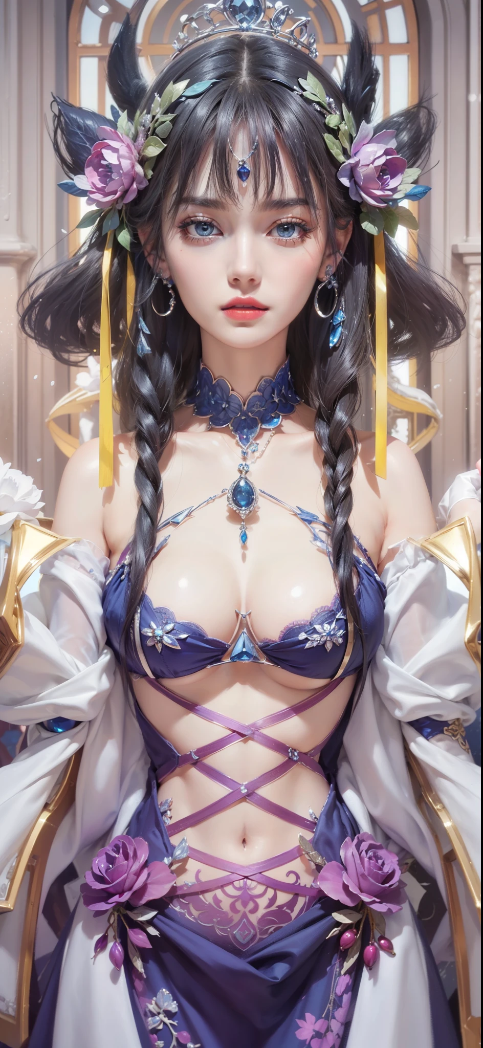 Super detailed, Delicate face, Realistic style, Stock Photography ,  rich and colorful, Surrealism, Realistic textures, Dramatic Lighting, Thin Film Distiller 800 (8K, original photo, Better quality, masterpiece: 1.2), Super detailed, (Extremely delicate skin: 1.2), 8K Ultra HD, SLR camera, Soft Light, high quality，Snow Queen,ice castle，Blue pupils，Apply red lipstick，Tattoo goddess，With tattoo pattern，Ultra-clear portrait，Wearing necklace jewelry，apply lipstick，Wear heavy makeup，The facial texture is very clear，Beautiful tattoos on the body，Deep blue eyes(Sapphire-like pupils)，A crown of luxury，Diamond necklace，Tattoos are exposed，Lace print dress，Magical girl