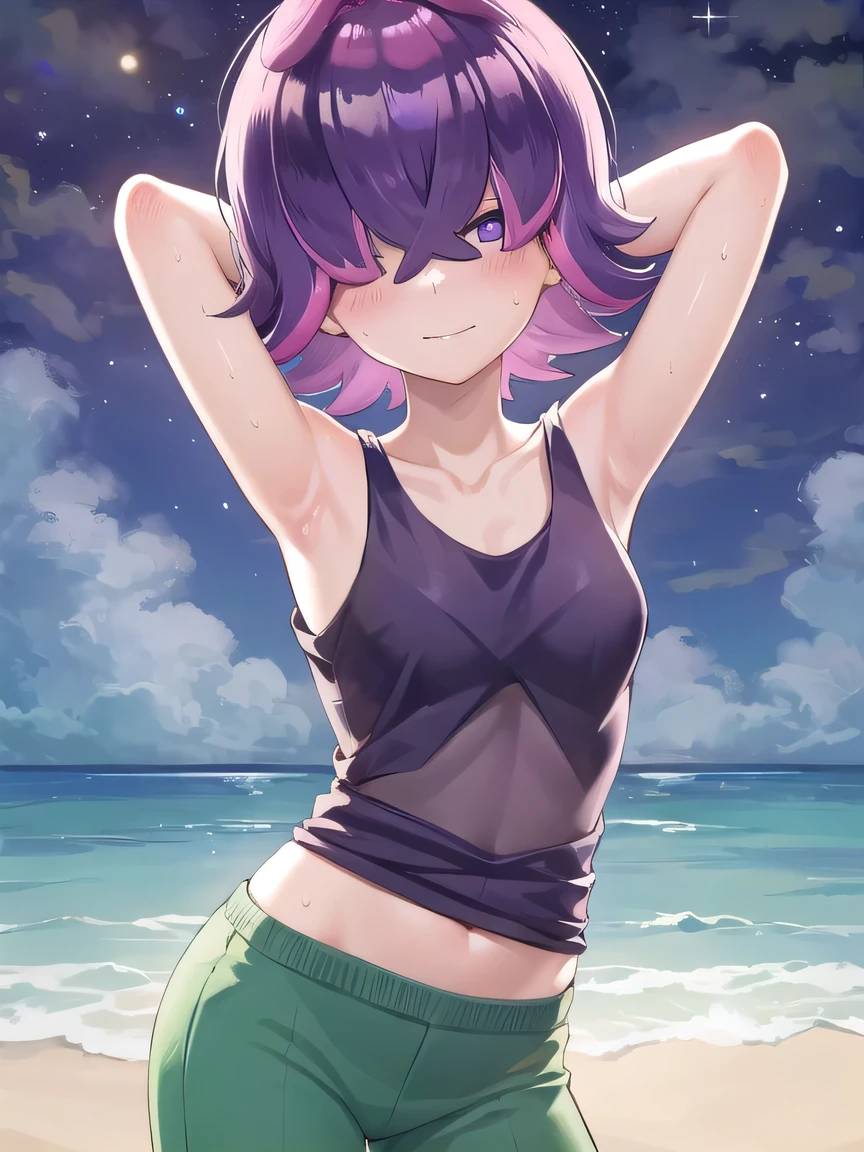 (extremely detailed CG), (best quality), perfect face, shiny skin, lustrous skin, 1girl,solo, DotPoke, hair over one eye, sleevless, tank top, purple eyes,shirt,short hair, multicolored hair, pink hair, purple hair, hair over eyes, pants, green pants,  looking at viewer, closed mouth, solo, night sky, beach, arms behind head, contrapposto, spread armpits, looking at viewer, best quality, portrait, sad, shy, smile,