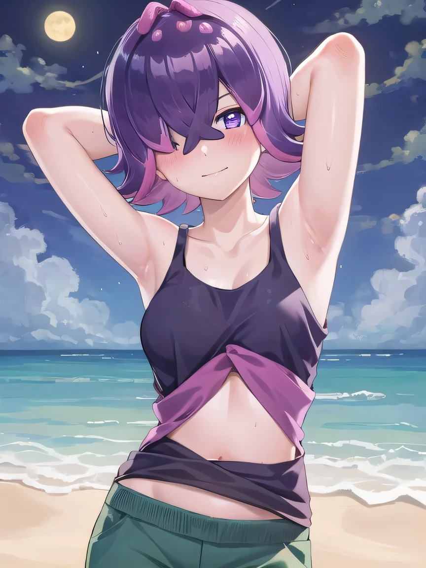 (extremely detailed CG), (best quality), perfect face, shiny skin, lustrous skin, 1girl,solo, DotPoke, hair over one eye, sleevless, tank top, purple eyes,shirt,short hair, multicolored hair, pink hair, purple hair, hair over eyes, pants, green pants,  looking at viewer, closed mouth, solo, night sky, beach, arms behind head, contrapposto, spread armpits, looking at viewer, best quality, portrait, sad, shy, smile,