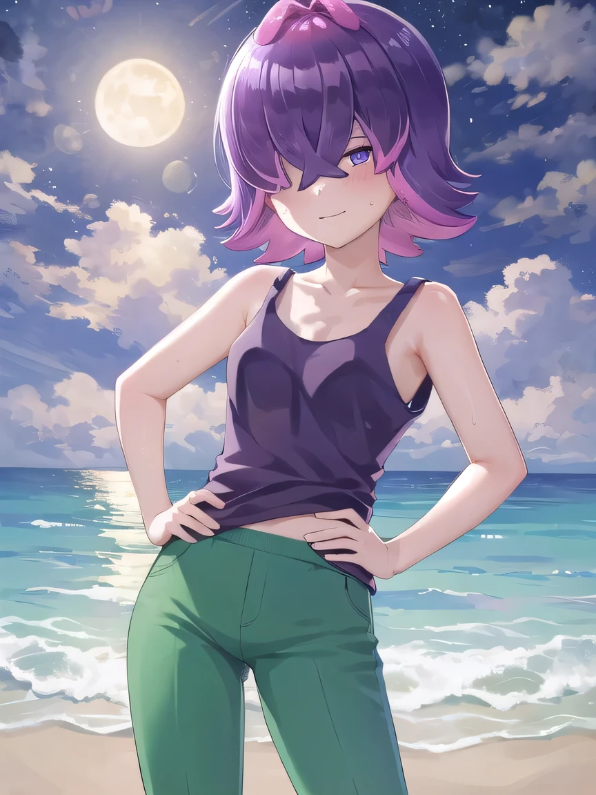 (extremely detailed CG), (best quality), perfect face, shiny skin, lustrous skin, 1girl,solo, DotPoke, hair over one eye, sleevless, tank top, purple eyes,shirt,short hair, multicolored hair, pink hair, purple hair, hair over eyes, pants, green pants, looking at viewer, closed mouth, solo, night sky, beach, arm behind head, hand on hip, contrapposto, spread armpits, looking at viewer, best quality, portrait, sad, shy, smile, (cowboy shot:1.5)