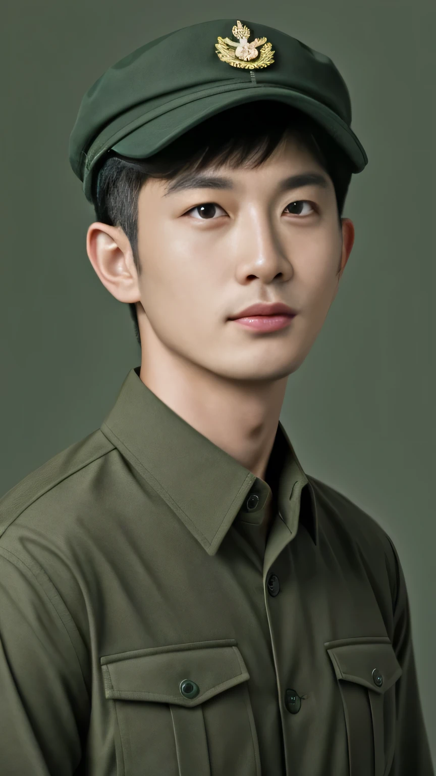 8k, (masterpiece), best quality, 2d, Brother Bing,Wear training uniform,Wearing a hat,Wearing a full set of military green camouflage uniforms, No background, Upper body unobstructed photos,Green Clothing,Southeast Asian Soldiers,Face to the camera,No background,Holding flowers,Tough Guy,Handsome hairstyle