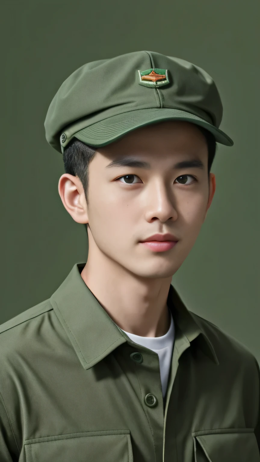 8k, (masterpiece), best quality, 2d, Brother Bing,Wear training uniform，Wearing a hat，Wearing a full set of military green camouflage uniforms, No background, Upper body unobstructed photos，Green Clothing，Southeast Asian Soldiers，Face to the camera，No background，Holding flowers，Tough Guy，Handsome hairstyle